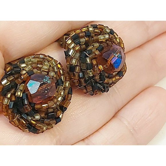 Vintage Faux Amber Crystal Bead Cluster Clip On Earrings 40-60's Classic JAPAN - Picture 5 of 8